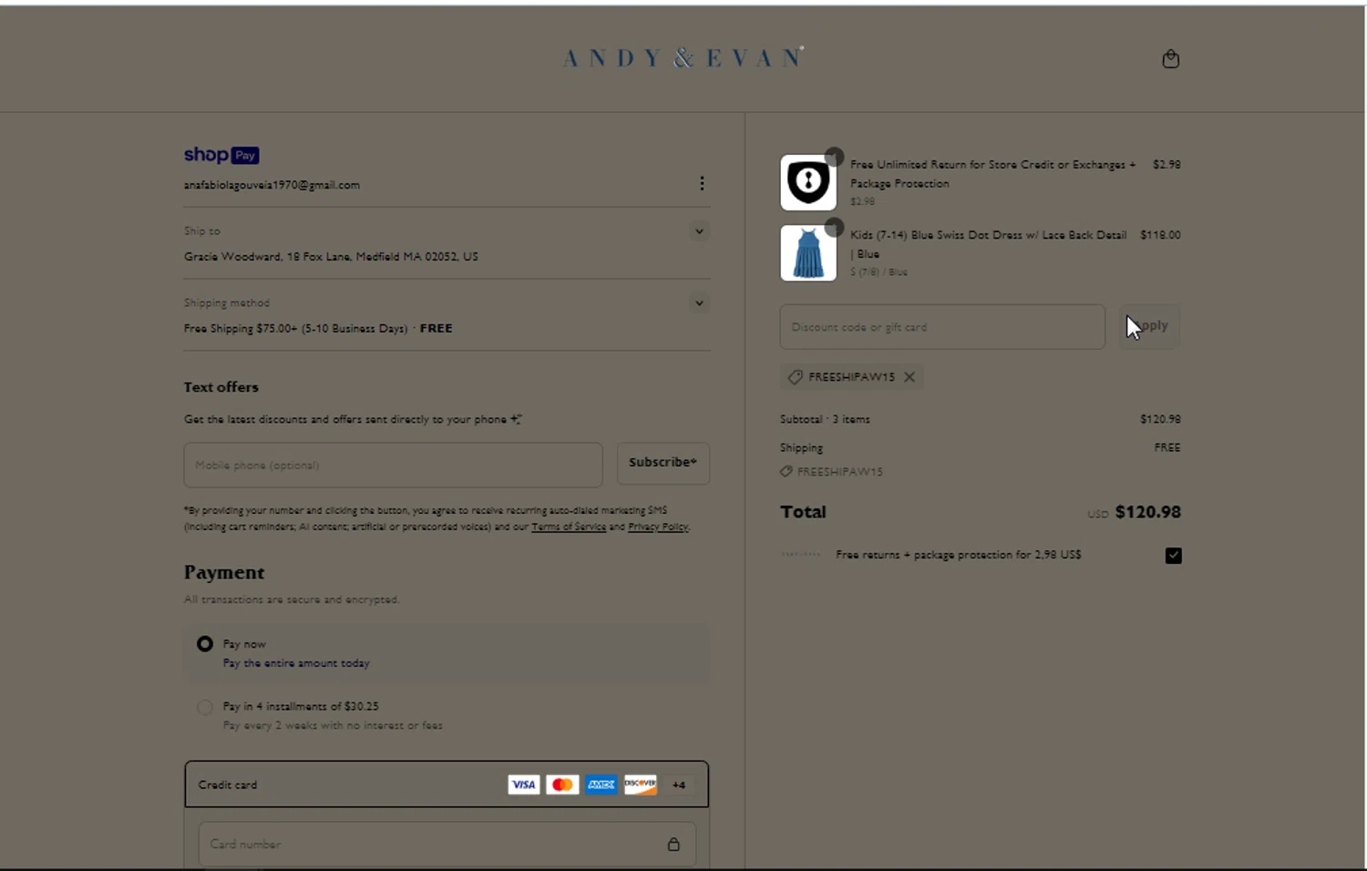 Andy & Evan promo code screenshot showing code FREESHIPAW15 applied at Andy & Evan checkout page. Uploaded by SimplyCodes community member IFeelGood3 on Apr 17, 2025