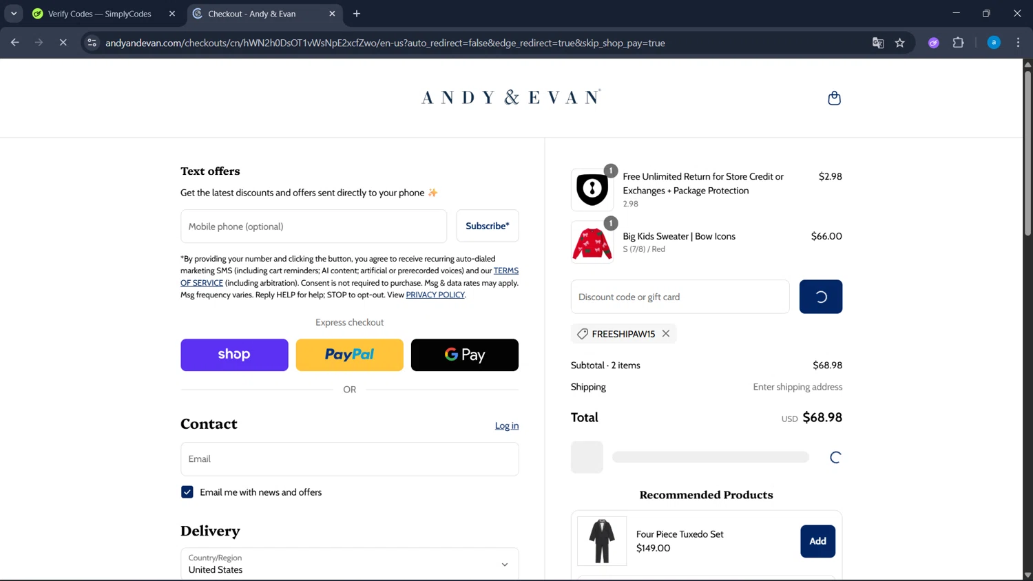 Andy & Evan promo code screenshot showing code FREESHIPAW15 applied at Andy & Evan checkout page. Uploaded by SimplyCodes community member WiseHawk9255 on Sep 7, 2025