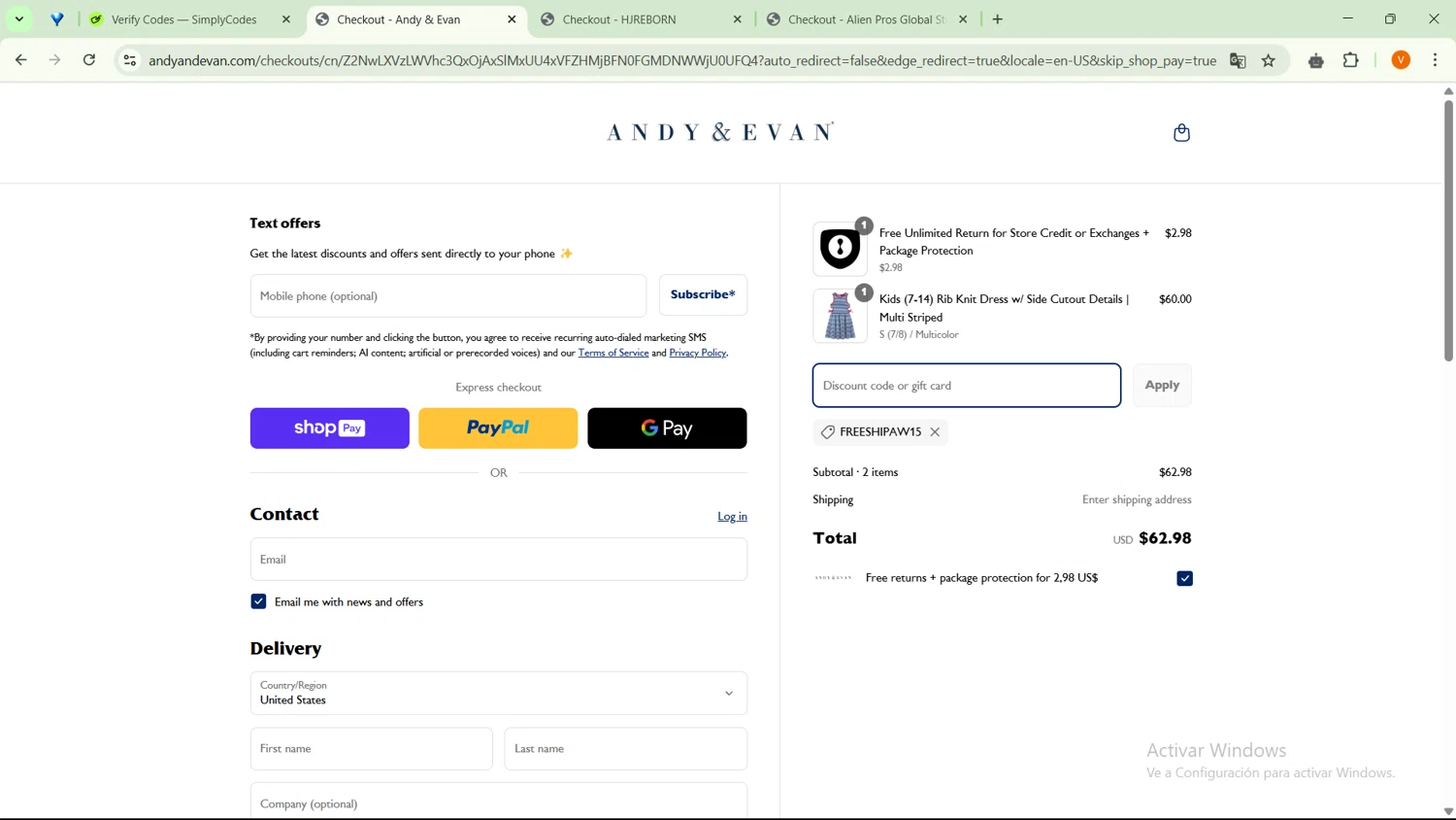 Andy & Evan promo code screenshot showing code FREESHIPAW15 applied at Andy & Evan checkout page. Uploaded by SimplyCodes community member RebateSaver5991 on Apr 17, 2025