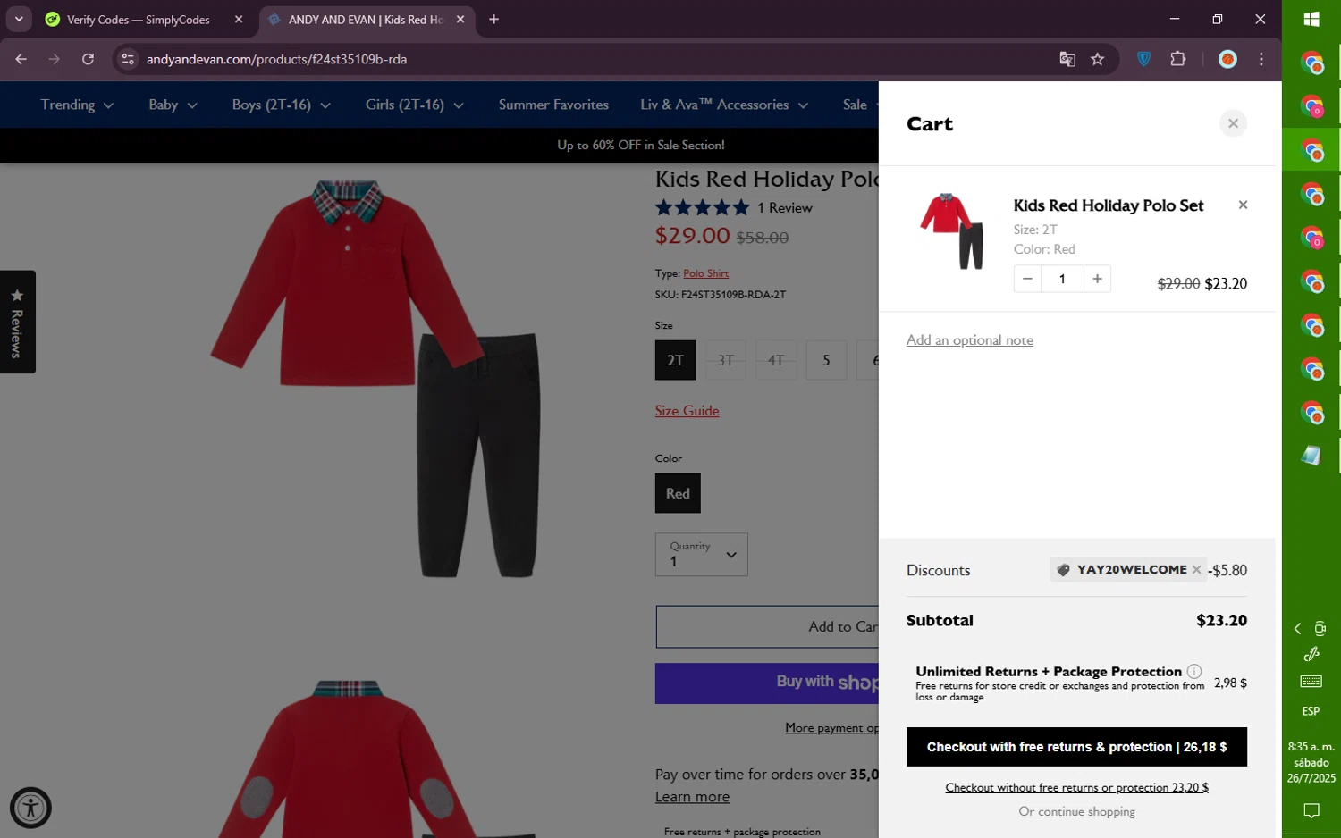 Andy & Evan promo code screenshot showing code YAY20WELCOME applied at Andy & Evan checkout page. Uploaded by SimplyCodes community member PromoVoyager8446 on Jul 26, 2025