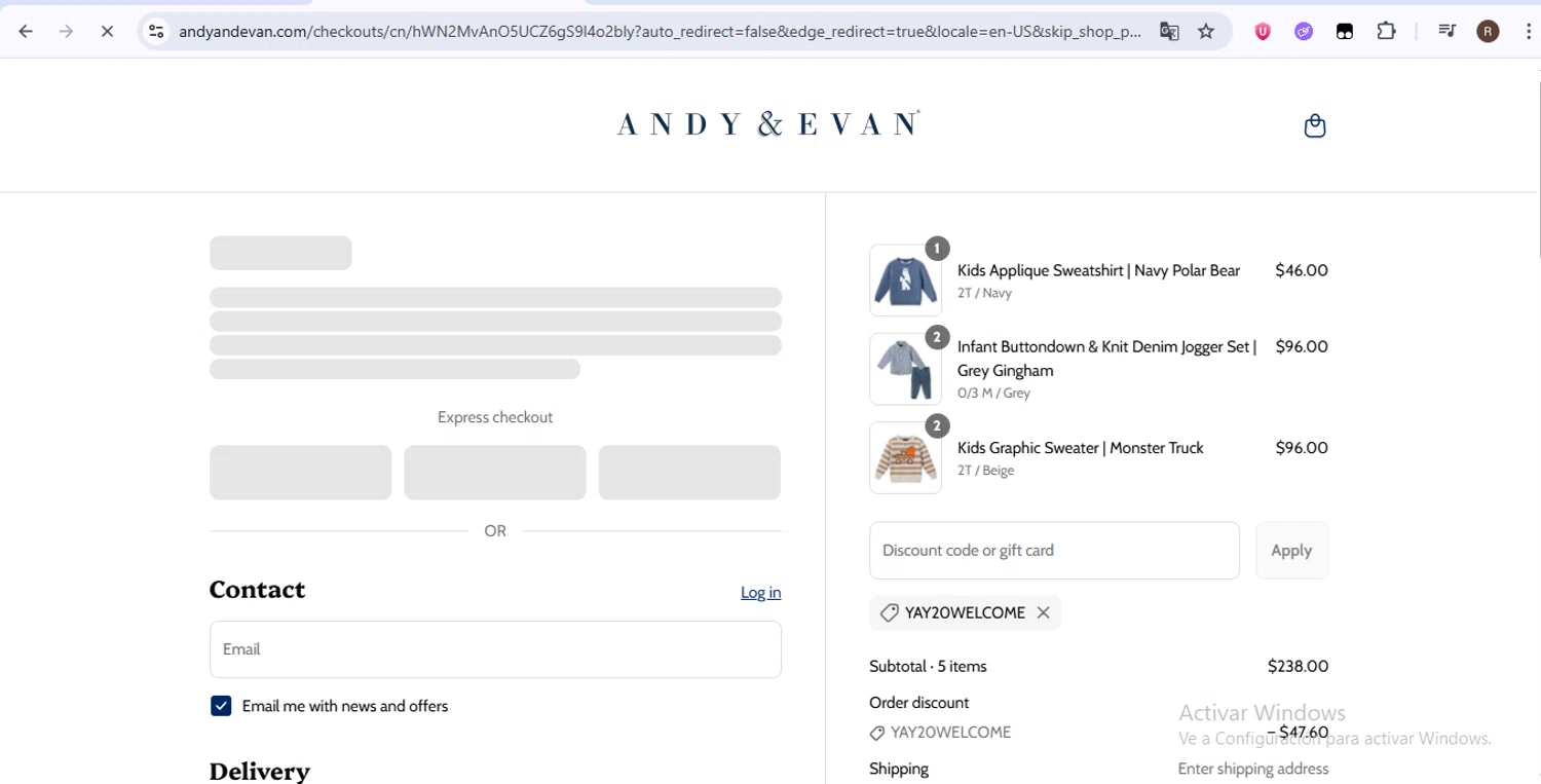 Andy & Evan promo code screenshot showing code YAY20WELCOME applied at Andy & Evan checkout page. Uploaded by SimplyCodes community member zurdita on Aug 29, 2025