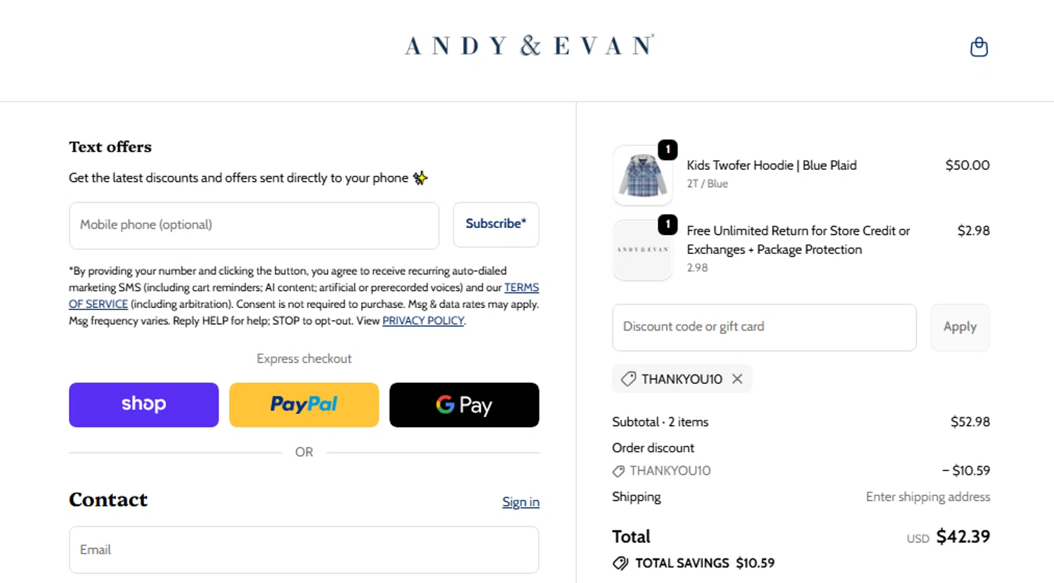 Andy & Evan promo code screenshot showing code THANKYOU10 applied at Andy & Evan checkout page. Uploaded by SimplyCodes community member Jhonny on Oct 28, 2025