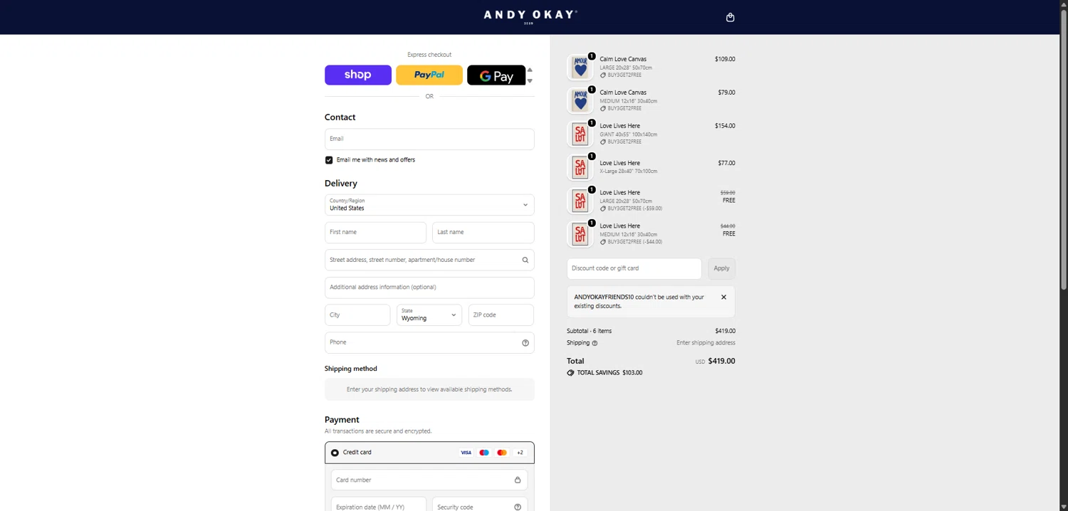 Andy okay checkout page showing Andy okay discount code box | Screenshot taken by SimplyCodes community member on Feb 4, 2026