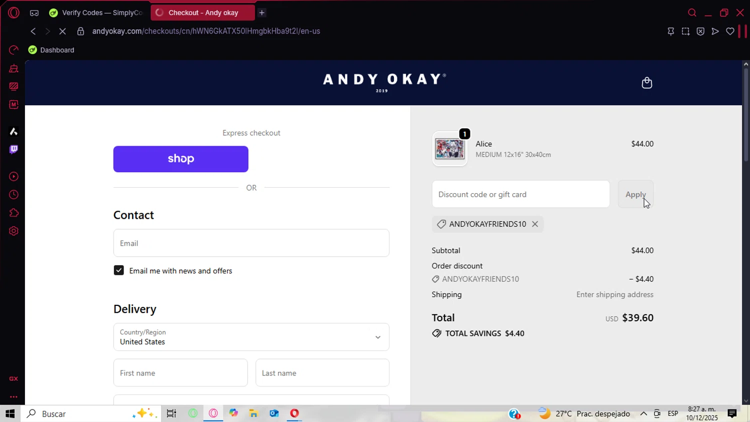 Andy okay discount code screenshot showing code AndyokayFriends10 applied at Andy okay checkout page. Uploaded by SimplyCodes community member CoinPhoenix3025 on Dec 10, 2025