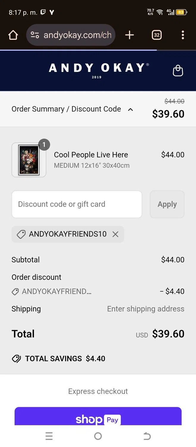 Andy okay discount code screenshot showing code AndyokayFriends10 applied at Andy okay checkout page. Uploaded by SimplyCodes community member chepipro on Jun 22, 2025