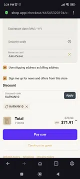 KARYAN10 coupon verification screenshot