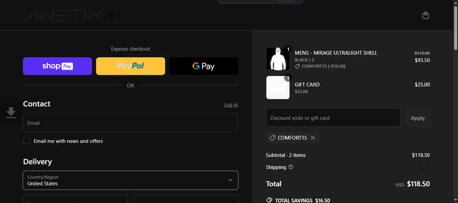 Anetik discount code screenshot showing code COMFORT15 applied at Anetik checkout page. Uploaded by SimplyCodes community member 111111 on Apr 24, 2025