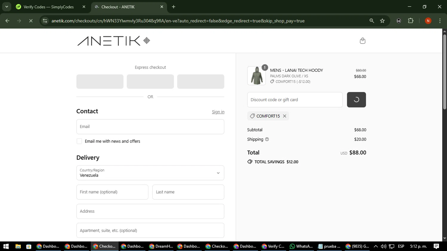 Anetik discount code screenshot showing code COMFORT15 applied at Anetik checkout page. Uploaded by SimplyCodes community member MagnificentScout194 on Sep 16, 2025