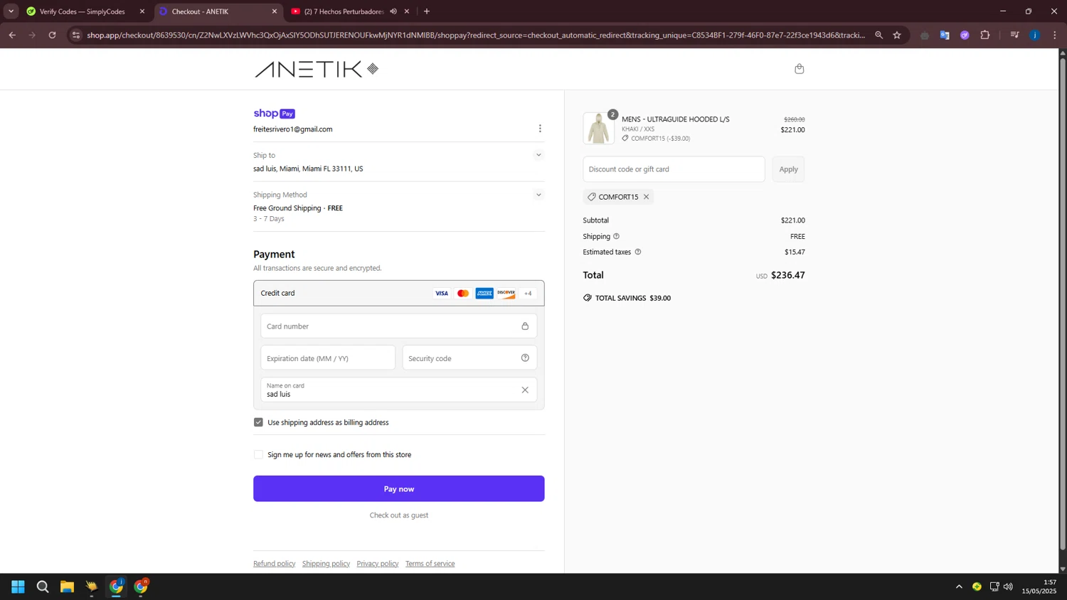 Anetik discount code screenshot showing code COMFORT15 applied at Anetik checkout page. Uploaded by SimplyCodes community member CashLegend3767 on May 15, 2025