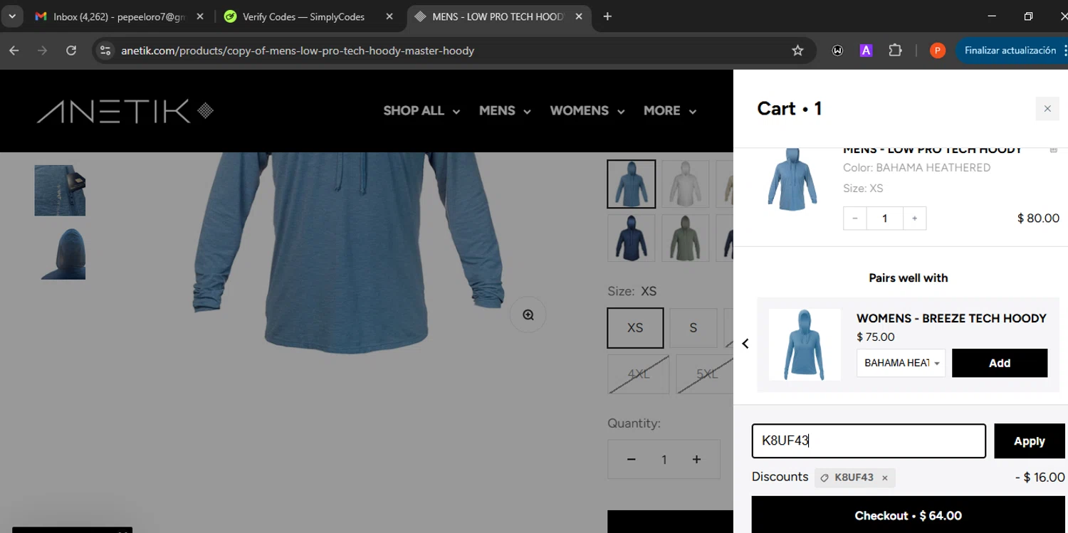 Anetik discount code screenshot showing code K8UF43 applied at Anetik checkout page. Uploaded by SimplyCodes community member Eminem on Dec 28, 2025