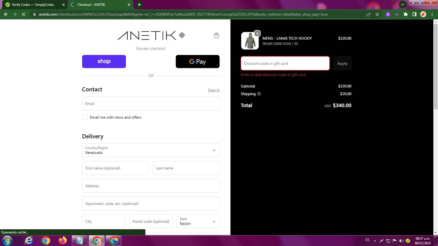 Anetik discount code screenshot showing code K8UF43 applied at Anetik checkout page. Uploaded by SimplyCodes community member LegendaryBoss7060 on Nov 9, 2025