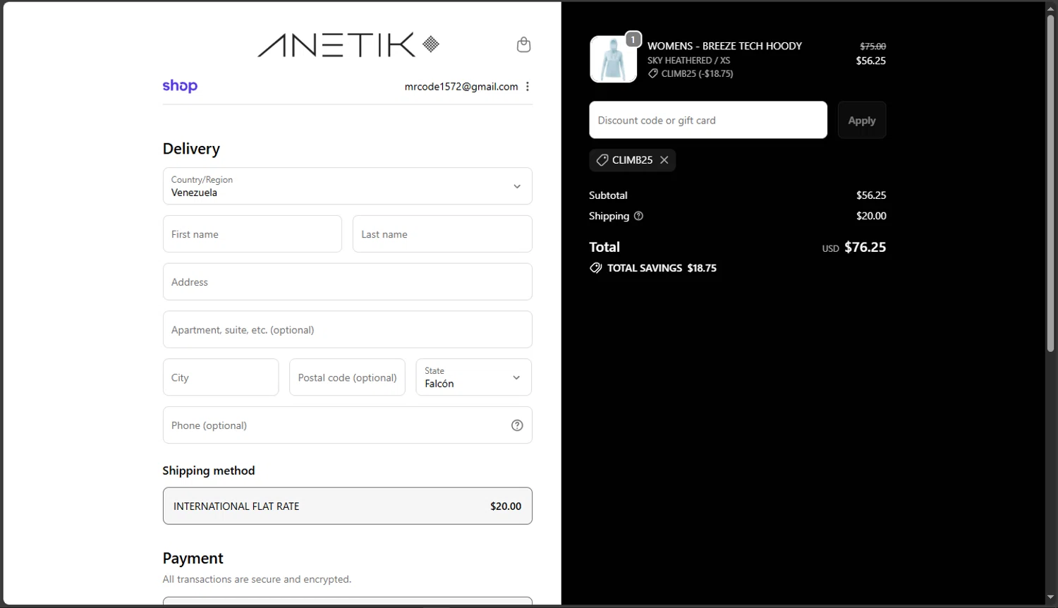 Anetik discount code screenshot showing code CLIMB25 applied at Anetik checkout page. Uploaded by SimplyCodes community member TokioMiller on Dec 1, 2025