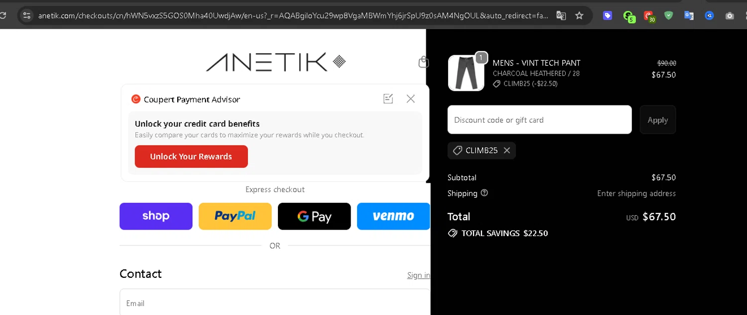 Anetik discount code screenshot showing code CLIMB25 applied at Anetik checkout page. Uploaded by SimplyCodes community member Serdanvz on Dec 1, 2025