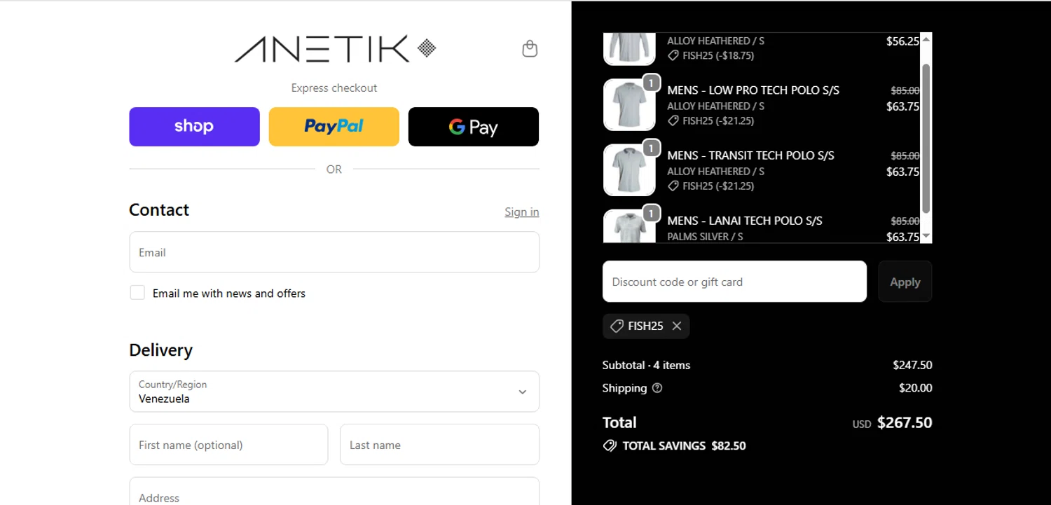 Anetik discount code screenshot showing code FISH25 applied at Anetik checkout page. Uploaded by SimplyCodes community member yilmamalave on Dec 1, 2025