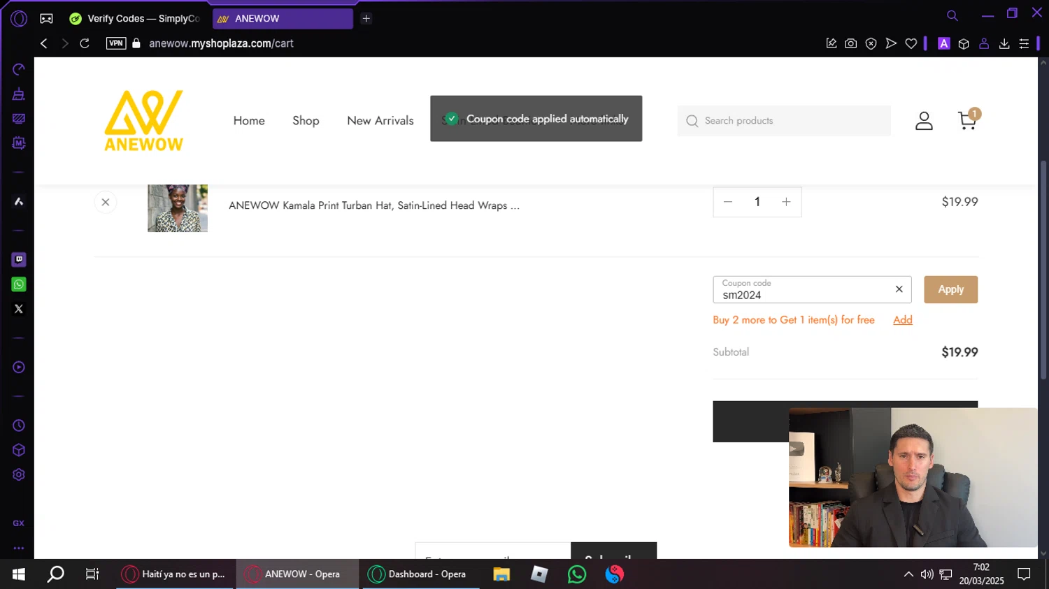Anewow discount code screenshot showing code sm2024 applied at Anewow checkout page. Uploaded by SimplyCodes community member Luthermaxu on Mar 20, 2025