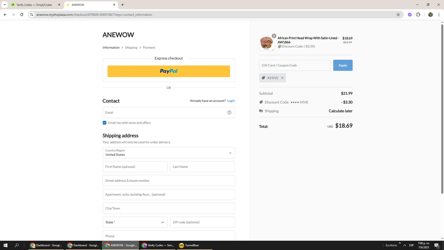 Anewow discount code screenshot showing code KHIVE applied at Anewow checkout page. Uploaded by SimplyCodes community member Phoenix585 on Jun 7, 2025
