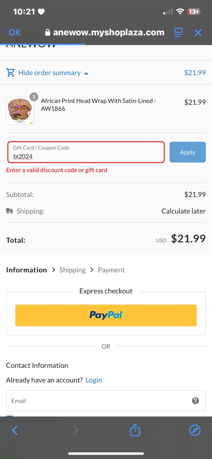Anewow discount code screenshot showing code bl2024 applied at Anewow checkout page. Uploaded by SimplyCodes community member TraxoGamer on Jan 28, 2025