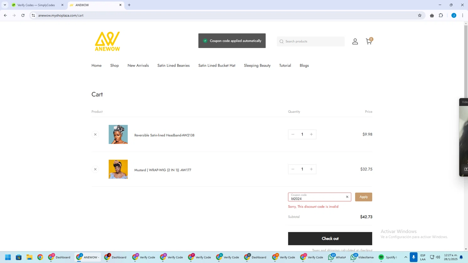 Anewow discount code screenshot showing code bl2024 applied at Anewow checkout page. Uploaded by SimplyCodes community member BargainGuardian280 on Jan 28, 2025
