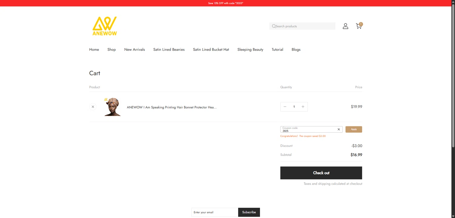Anewow discount code screenshot showing code 2025 applied at Anewow checkout page. Uploaded by SimplyCodes community member ValiantCollector5333 on Feb 10, 2026