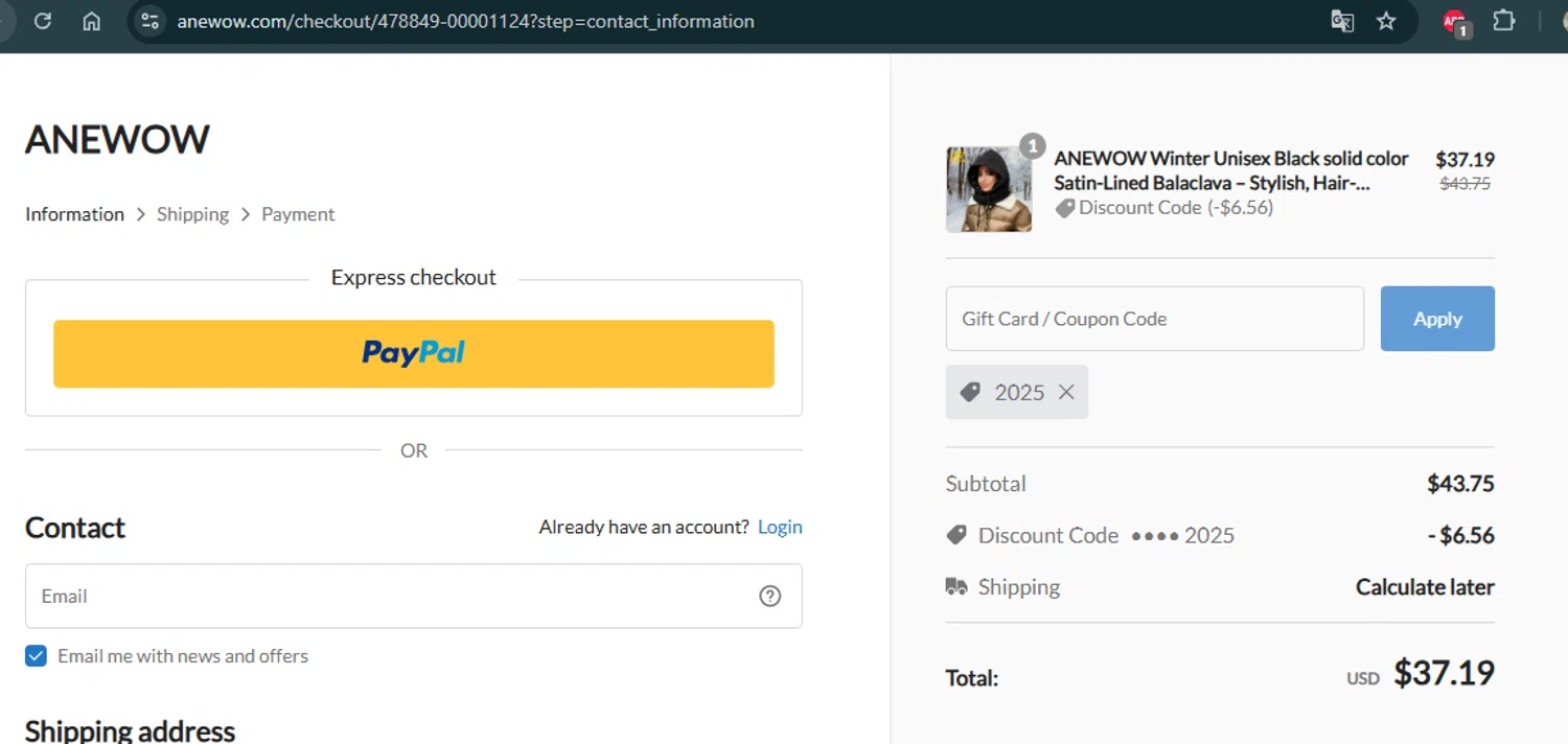 Anewow discount code screenshot showing code 2025 applied at Anewow checkout page. Uploaded by SimplyCodes community member Jhonny on Nov 15, 2025