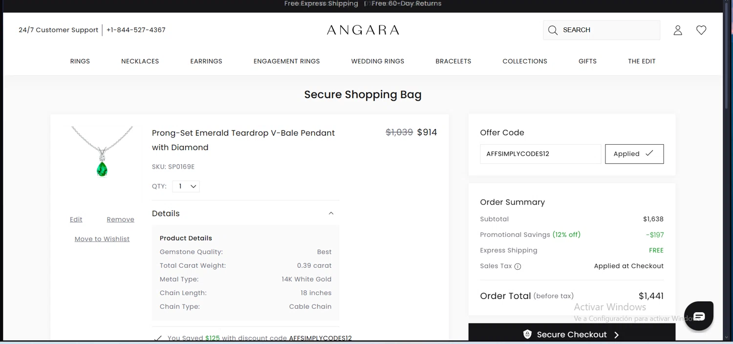 Angara coupon code screenshot showing code AFFSIMPLYCODES12 applied at Angara checkout page. Uploaded by SimplyCodes community member comepingas on Jul 1, 2025