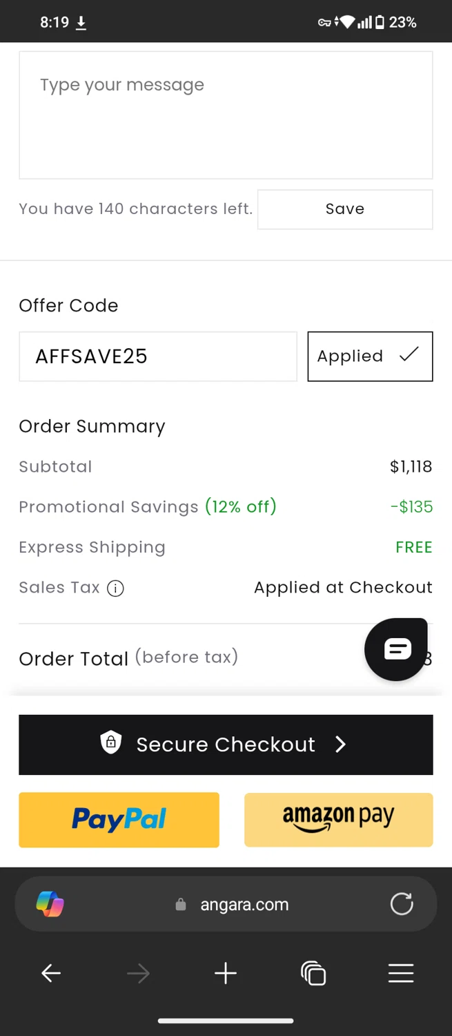 Angara coupon code screenshot showing code AFFSAVE25 applied at Angara checkout page. Uploaded by SimplyCodes community member MagnificentTiger8908 on Jun 14, 2025
