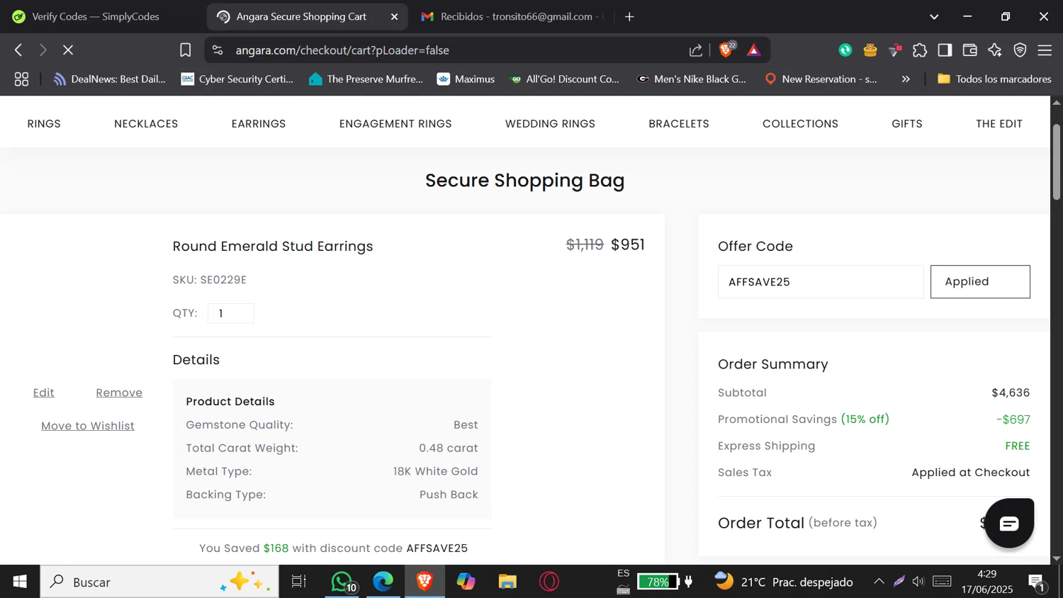 Angara coupon code screenshot showing code AFFSAVE25 applied at Angara checkout page. Uploaded by SimplyCodes community member tronsito66 on Jun 17, 2025