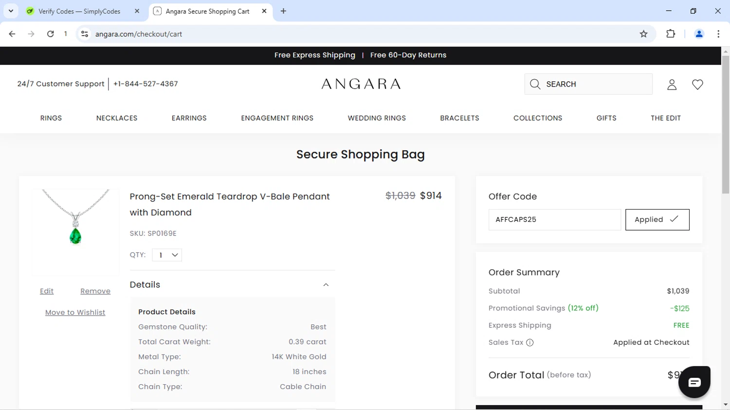 Angara coupon code screenshot showing code AFFCAPS25 applied at Angara checkout page. Uploaded by SimplyCodes community member Dizlike2025 on Jun 19, 2025