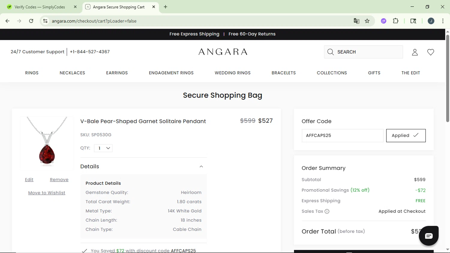 Angara coupon code screenshot showing code AFFCAPS25 applied at Angara checkout page. Uploaded by SimplyCodes community member GloriousCollector9930 on Jul 1, 2025
