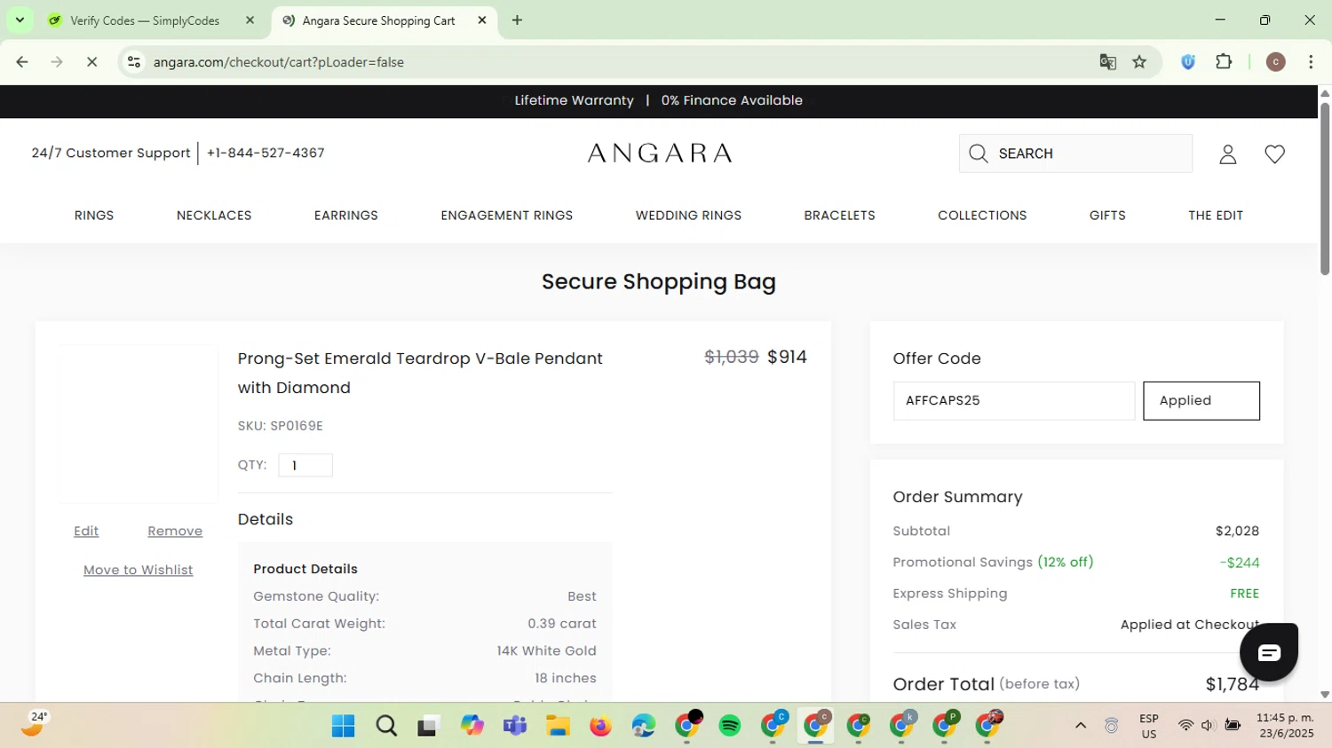Angara coupon code screenshot showing code AFFCAPS25 applied at Angara checkout page. Uploaded by SimplyCodes community member NobleExpert6497 on Jun 24, 2025