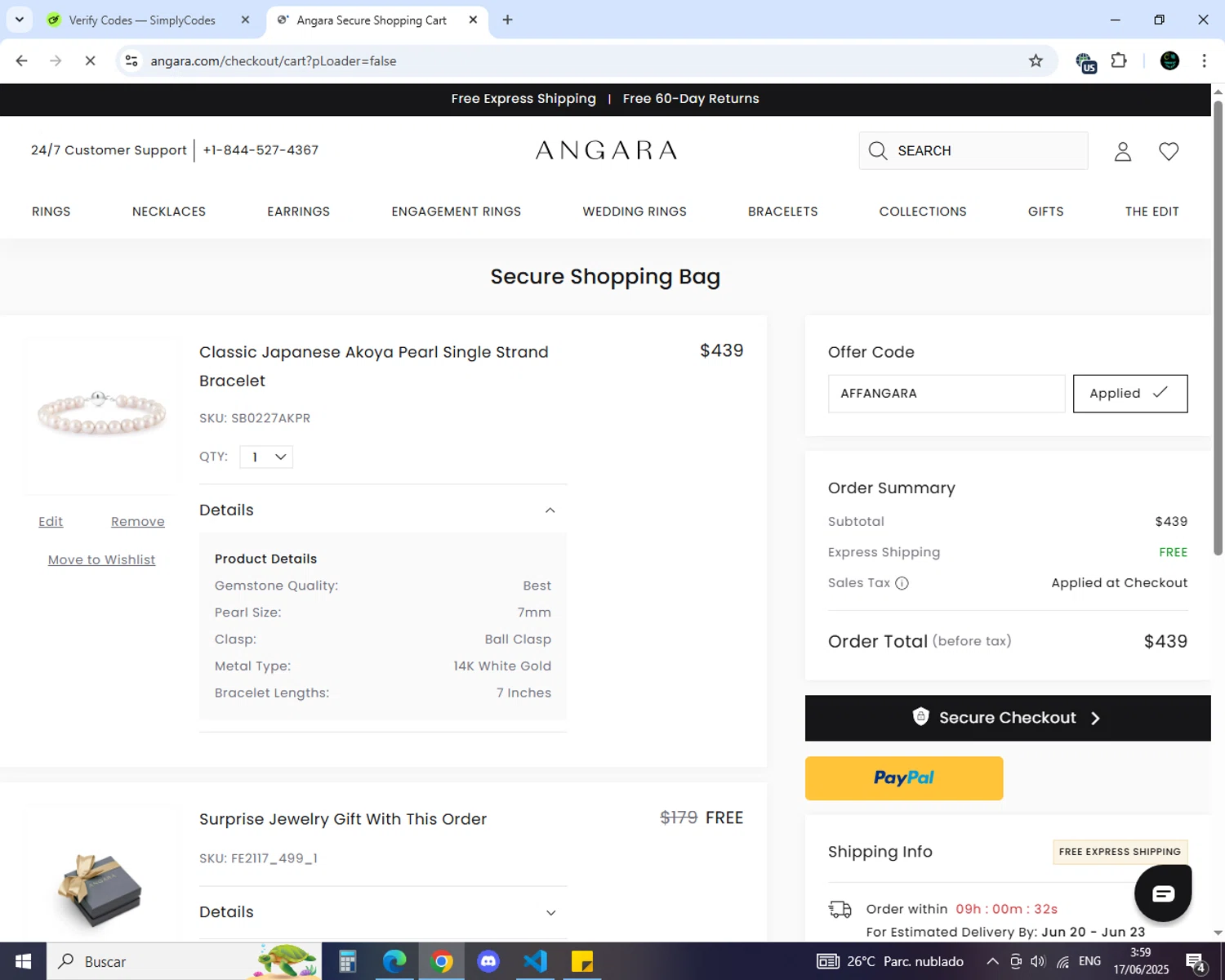 Angara coupon code screenshot showing code AFFANGARA applied at Angara checkout page. Uploaded by SimplyCodes community member GoldSaver5472 on Jun 17, 2025