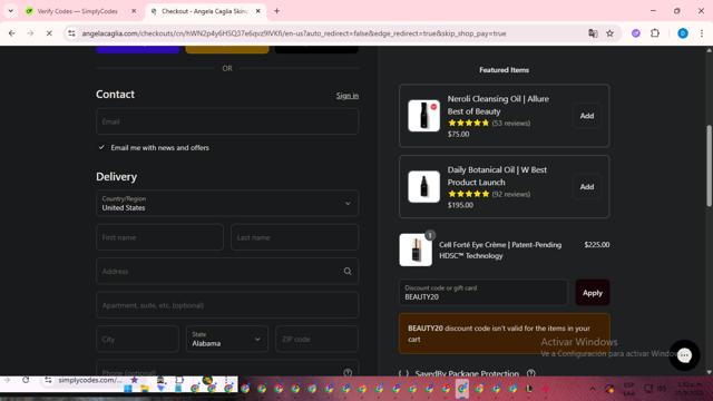 Angela Caglia checkout page showing Angela Caglia discount code box | Screenshot taken by SimplyCodes community member on Sep 10, 2025