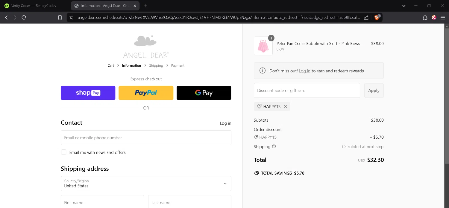 Angel Dear coupon code screenshot showing code HAPPY15 applied at Angel Dear checkout page. Uploaded by SimplyCodes community member JosephStevens774 on Feb 15, 2025