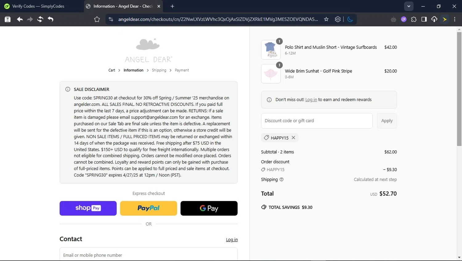 Angel Dear coupon code screenshot showing code HAPPY15 applied at Angel Dear checkout page. Uploaded by SimplyCodes community member GoldScout9735 on May 16, 2025
