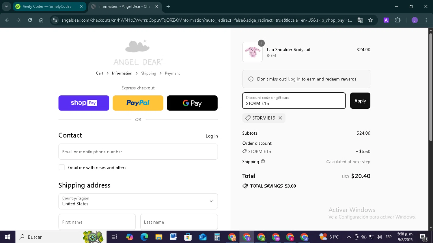 Angel Dear coupon code screenshot showing code STORMIE15 applied at Angel Dear checkout page. Uploaded by SimplyCodes community member TAZ2024 on Aug 9, 2025