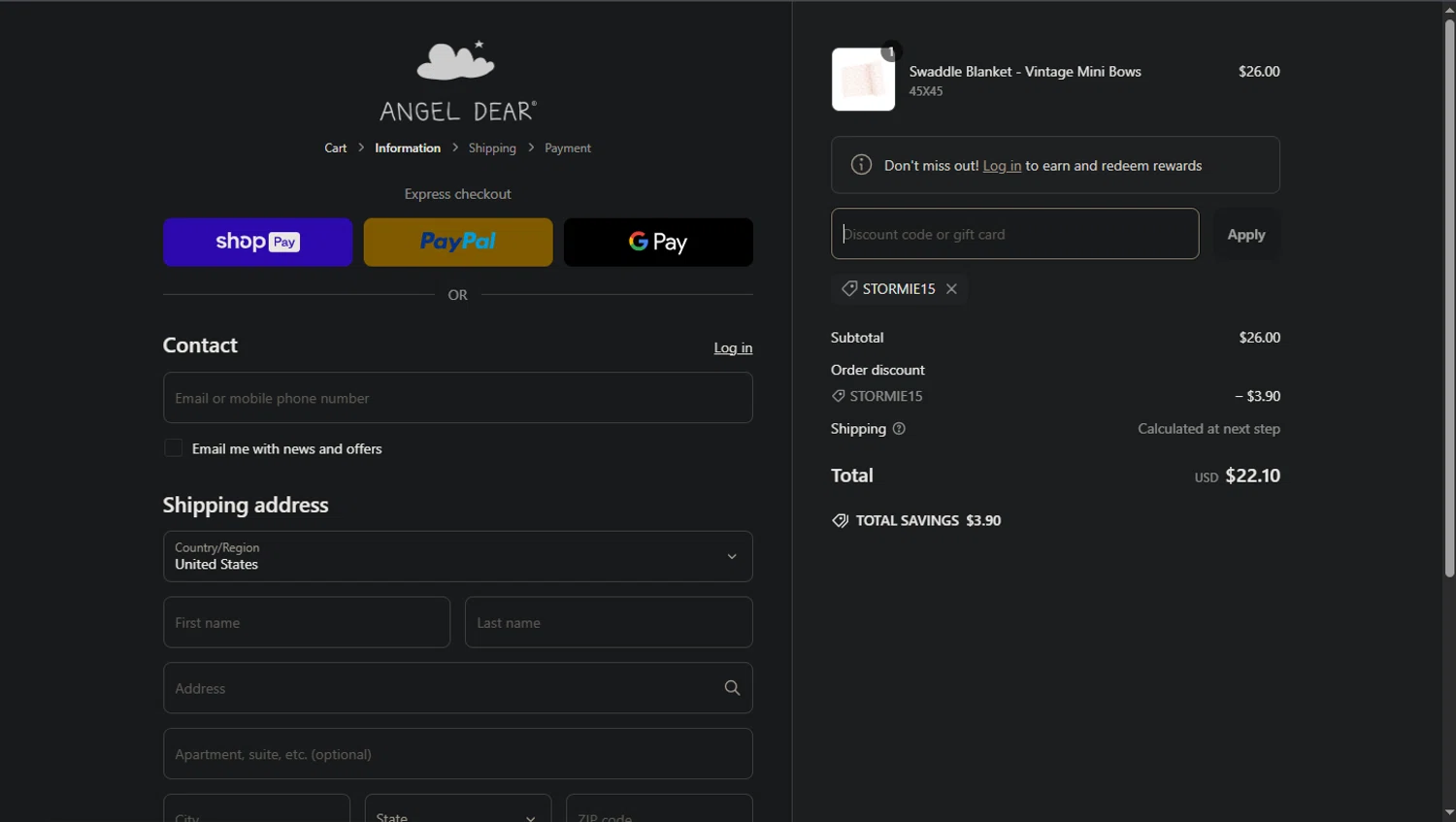Angel Dear coupon code screenshot showing code STORMIE15 applied at Angel Dear checkout page. Uploaded by SimplyCodes community member CodeRanger4147 on Mar 7, 2025