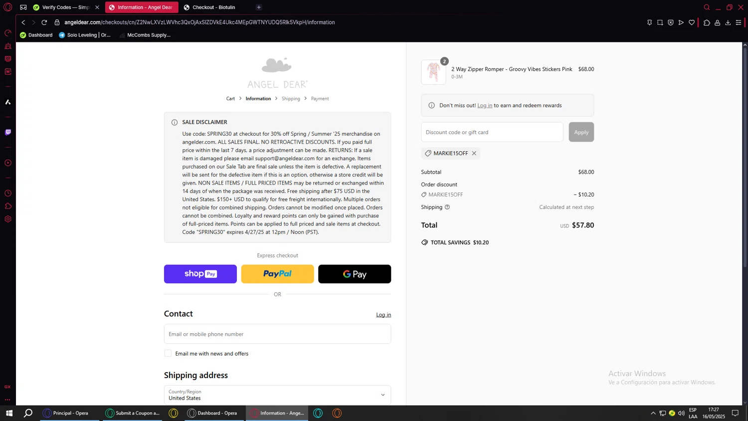 Angel Dear coupon code screenshot showing code markie15off applied at Angel Dear checkout page. Uploaded by SimplyCodes community member BANKAI on May 16, 2025