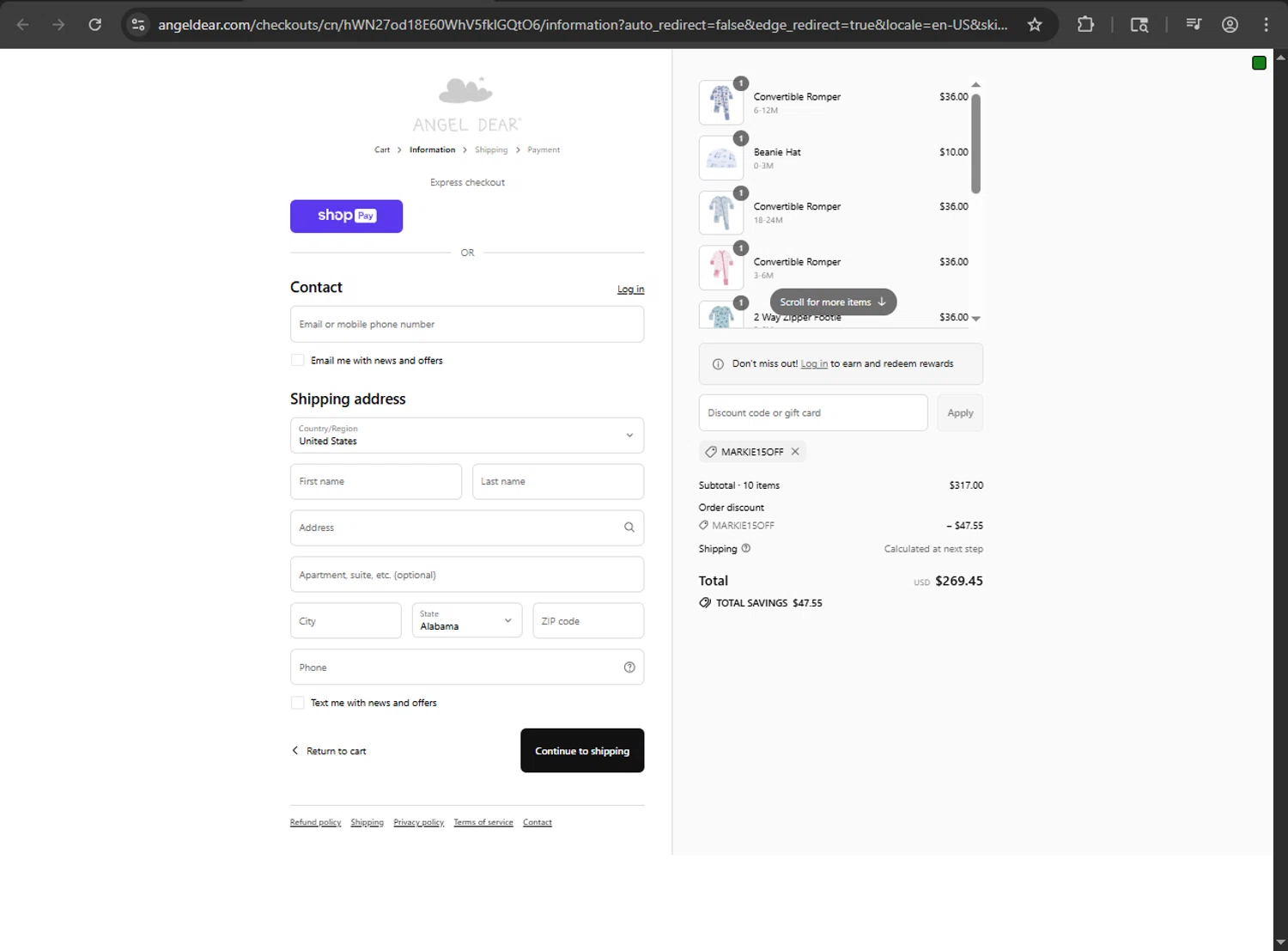Angel Dear coupon code screenshot showing code markie15off applied at Angel Dear checkout page. Uploaded by SimplyCodes community member nikelson on Aug 23, 2025