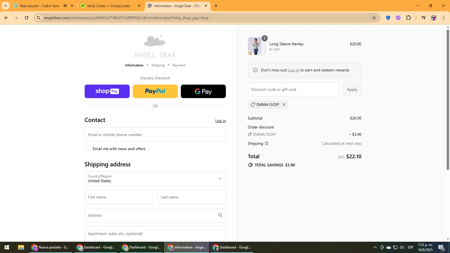 Angel Dear coupon code screenshot showing code EMMA15OFF applied at Angel Dear checkout page. Uploaded by SimplyCodes community member Vanmanuel on Aug 16, 2025