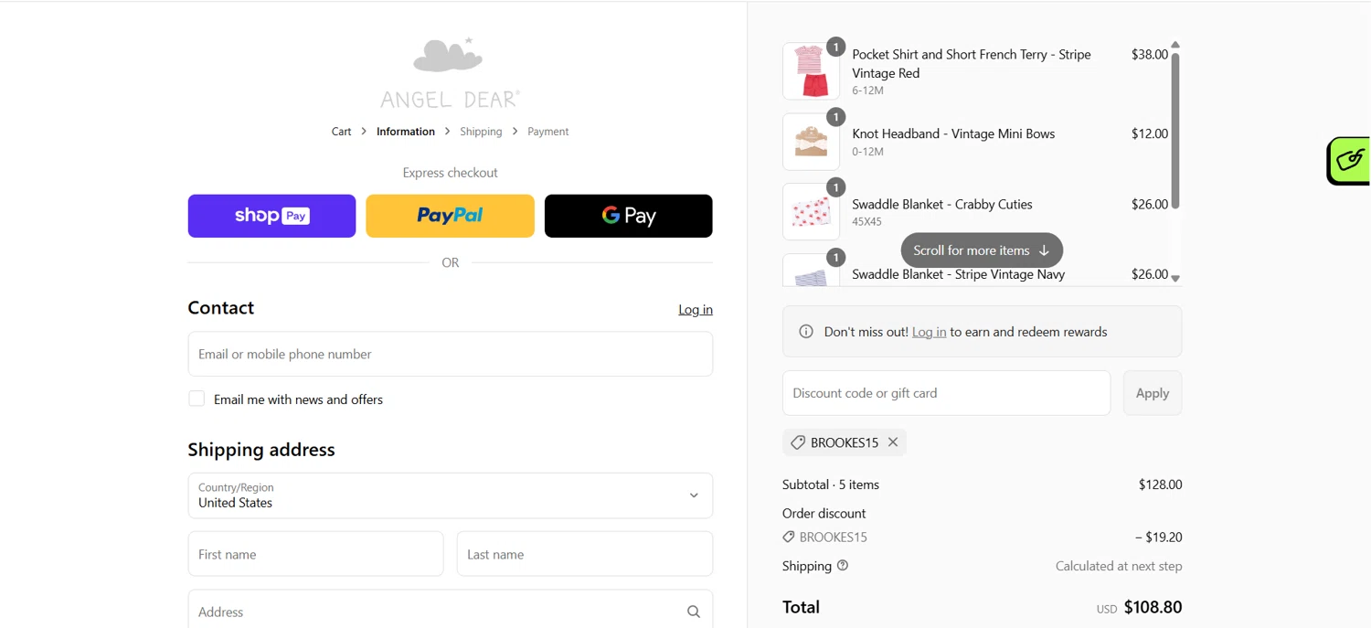 Angel Dear coupon code screenshot showing code BrookeS15 applied at Angel Dear checkout page. Uploaded by SimplyCodes community member HoneyJean on Apr 8, 2025