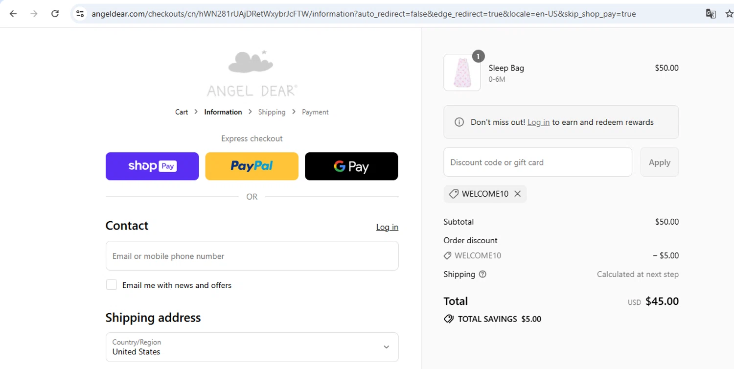 Angel Dear coupon code screenshot showing code welcome10 applied at Angel Dear checkout page. Uploaded by SimplyCodes community member carol_lameda on Aug 23, 2025