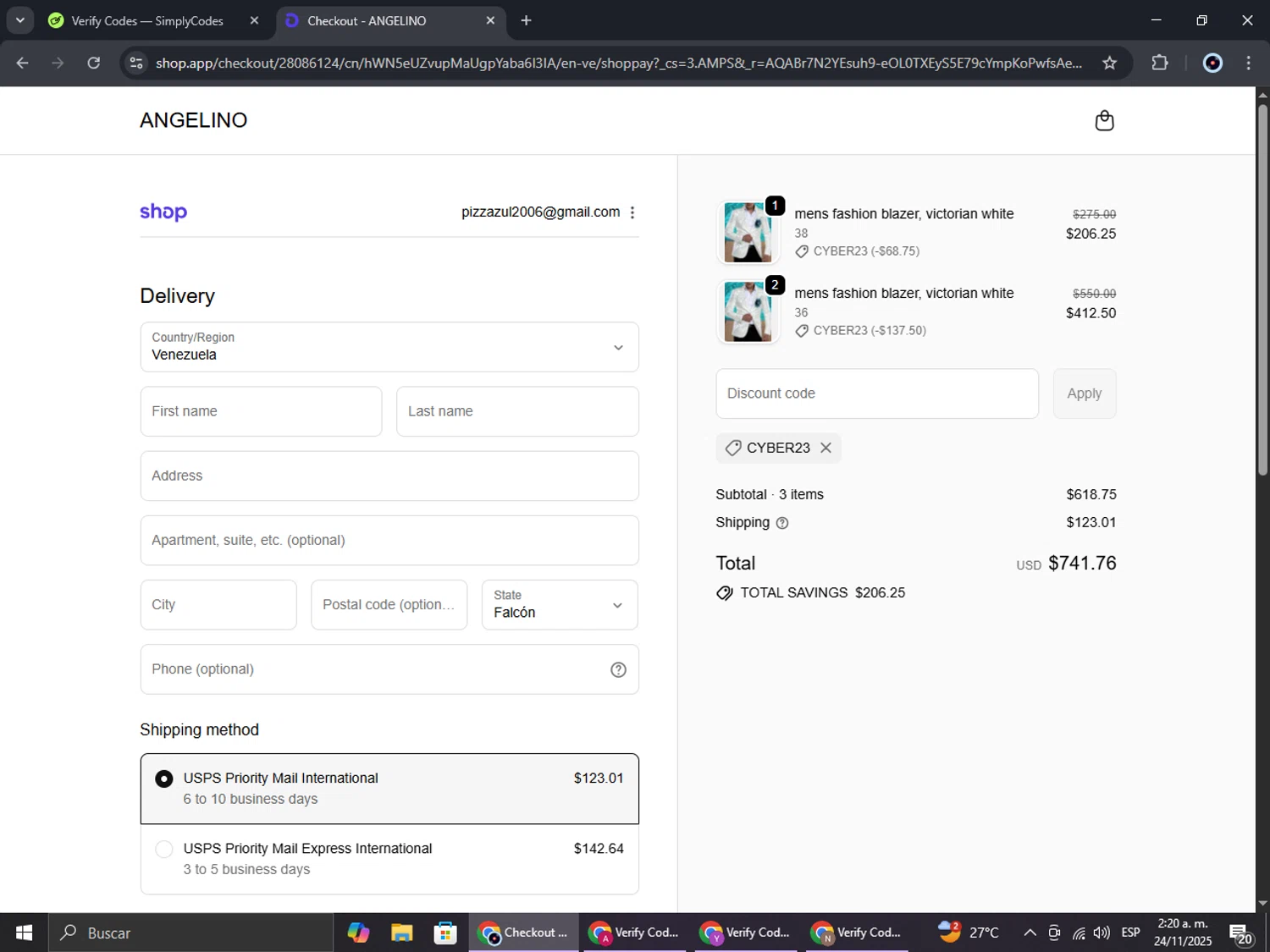 Angelino.us promo code screenshot showing code cyber23 applied at Angelino.us checkout page. Uploaded by SimplyCodes community member RoyalBoss4384 on Nov 24, 2025
