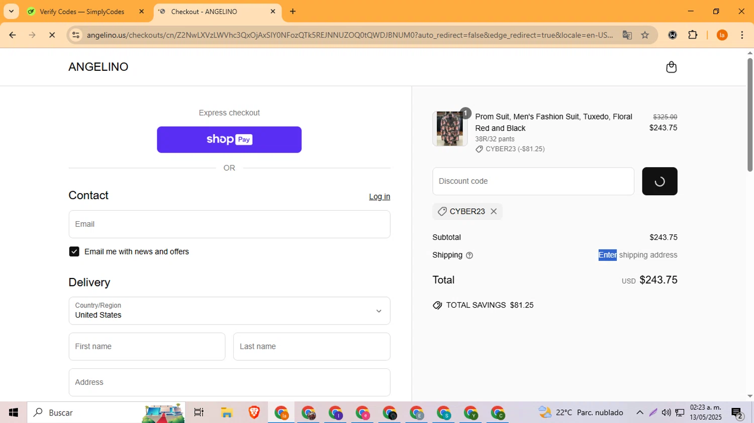 Angelino.us promo code screenshot showing code cyber23 applied at Angelino.us checkout page. Uploaded by SimplyCodes community member LegendaryFox4384 on May 13, 2025