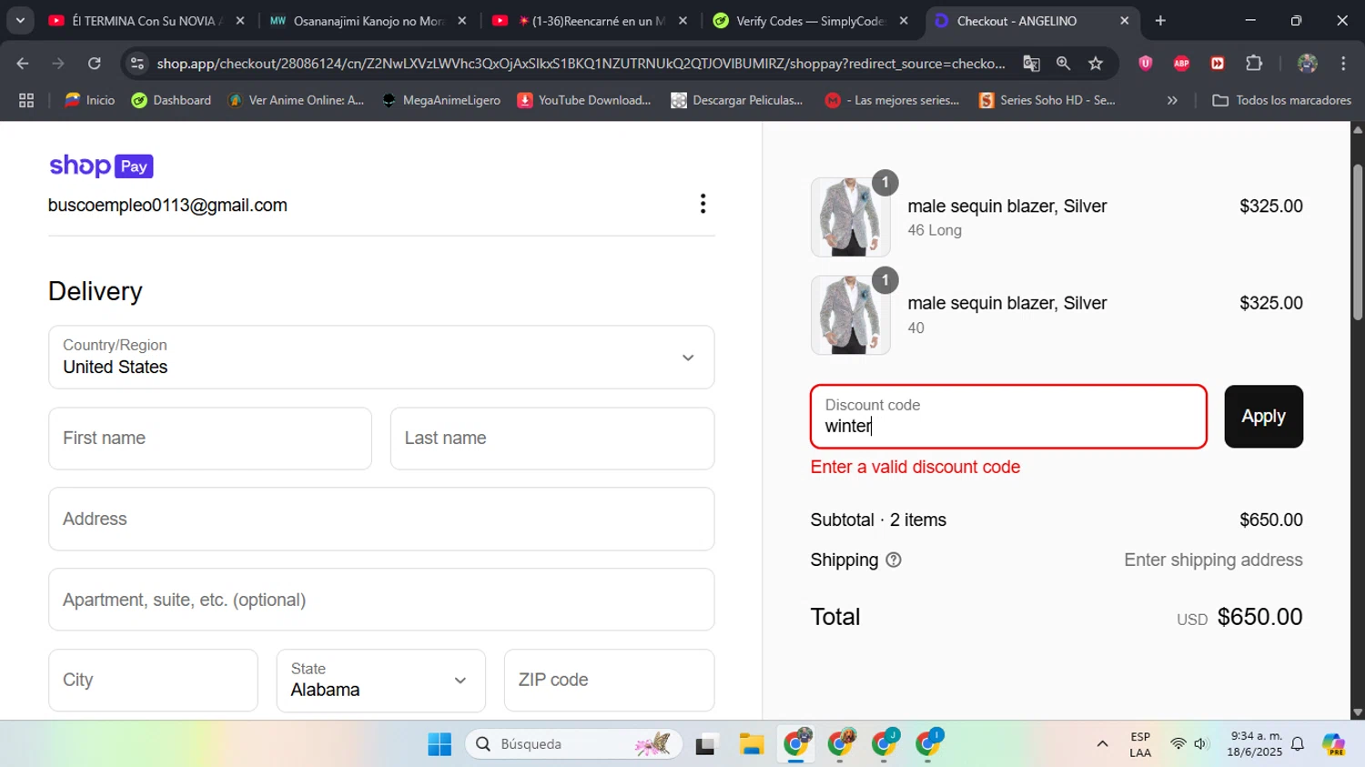 Angelino.us promo code screenshot showing code winter applied at Angelino.us checkout page. Uploaded by SimplyCodes community member LGGG2105 on Jun 18, 2025