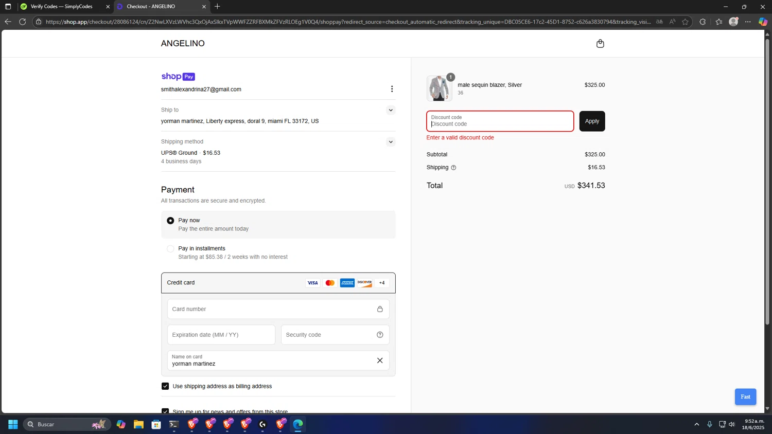 Angelino.us promo code screenshot showing code winter applied at Angelino.us checkout page. Uploaded by SimplyCodes community member MRYORMAN on Jun 18, 2025