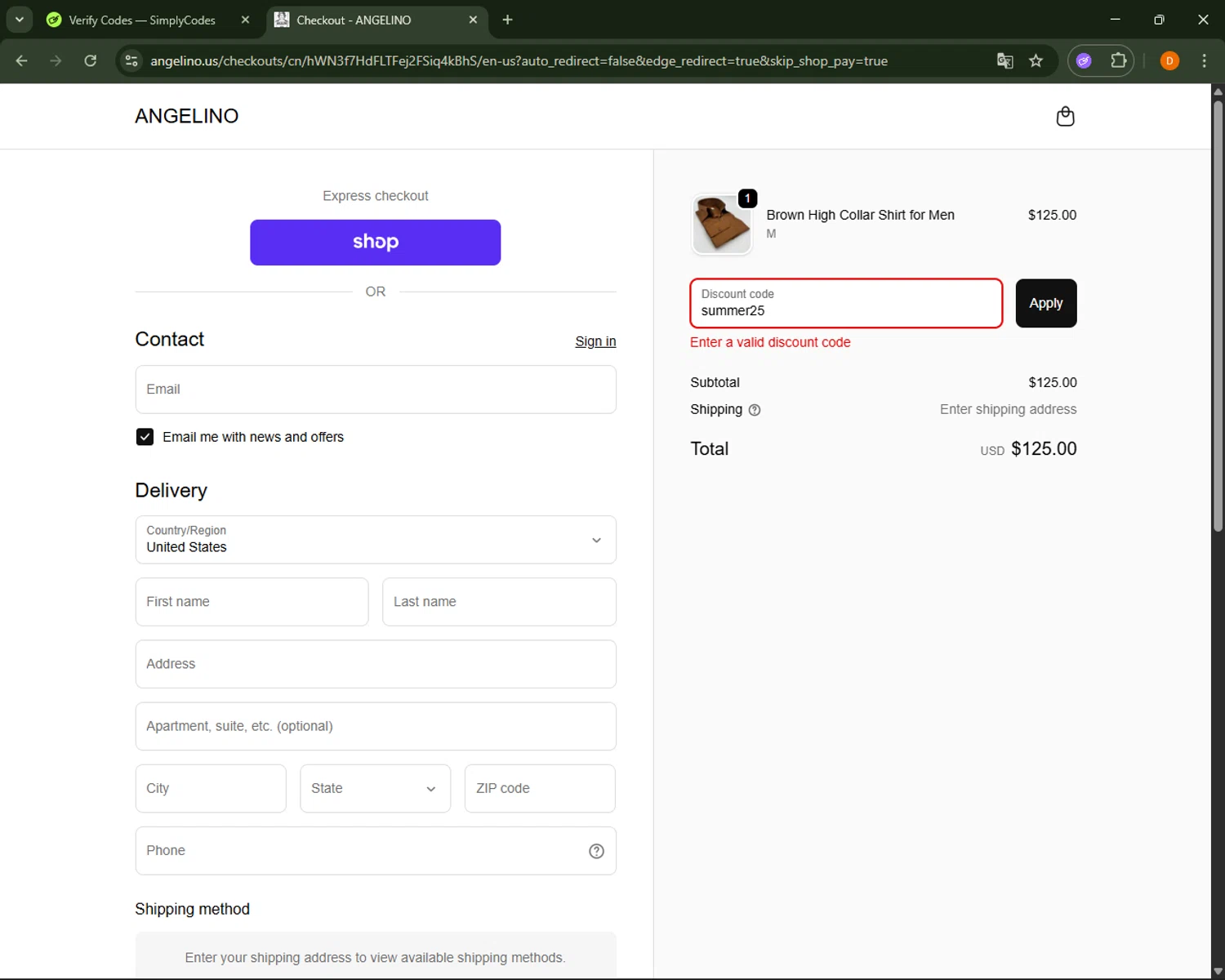 Angelino.us promo code screenshot showing code summer25 applied at Angelino.us checkout page. Uploaded by SimplyCodes community member FrugalFalcon351 on Oct 2, 2025