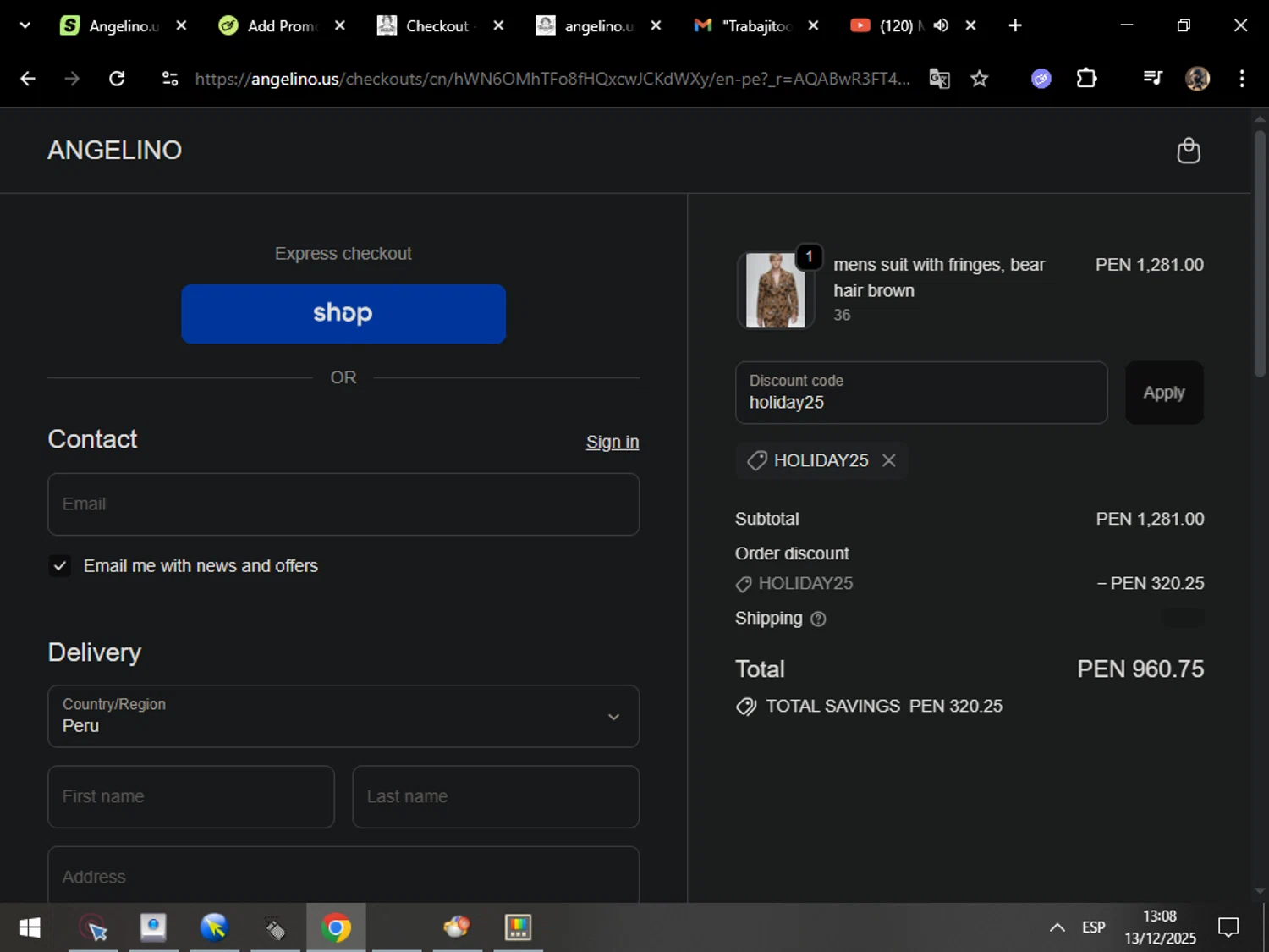 Angelino.us promo code screenshot showing code holiday25 applied at Angelino.us checkout page. Uploaded by SimplyCodes community member MarcosAranguren on Dec 13, 2025