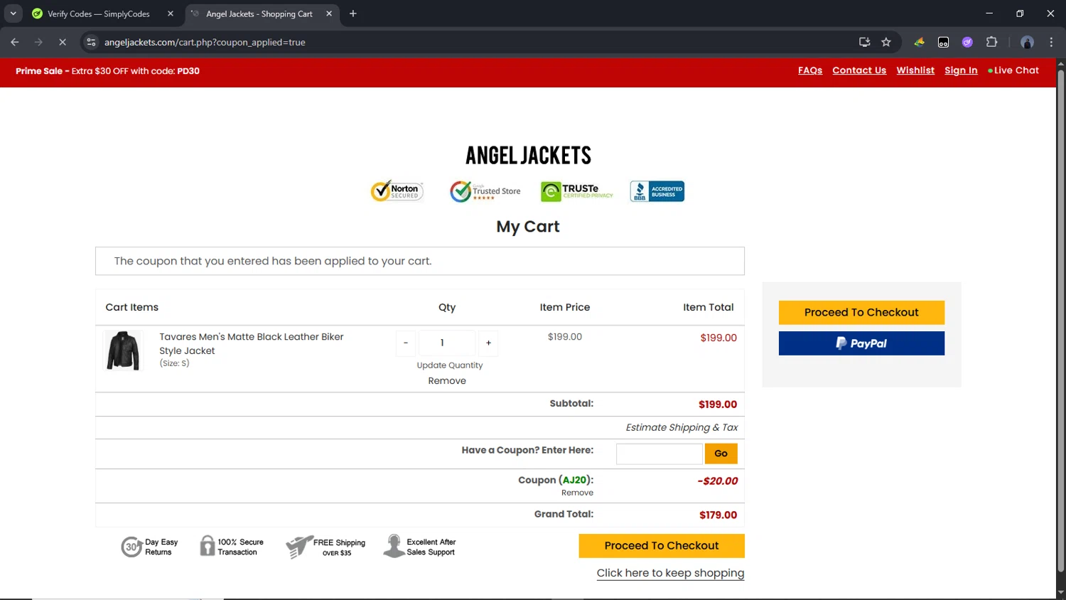 Angel Jackets coupon code screenshot showing code AJ20 applied at Angel Jackets checkout page. Uploaded by SimplyCodes community member Time_sin_filtro on Jul 8, 2025