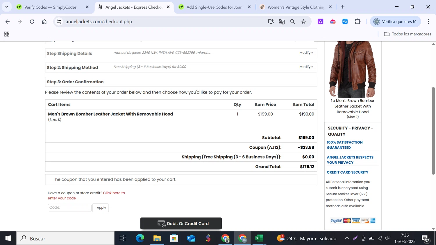 Angel Jackets coupon code screenshot showing code AJ12 applied at Angel Jackets checkout page. Uploaded by SimplyCodes community member MANUELURBINA on Mar 15, 2025