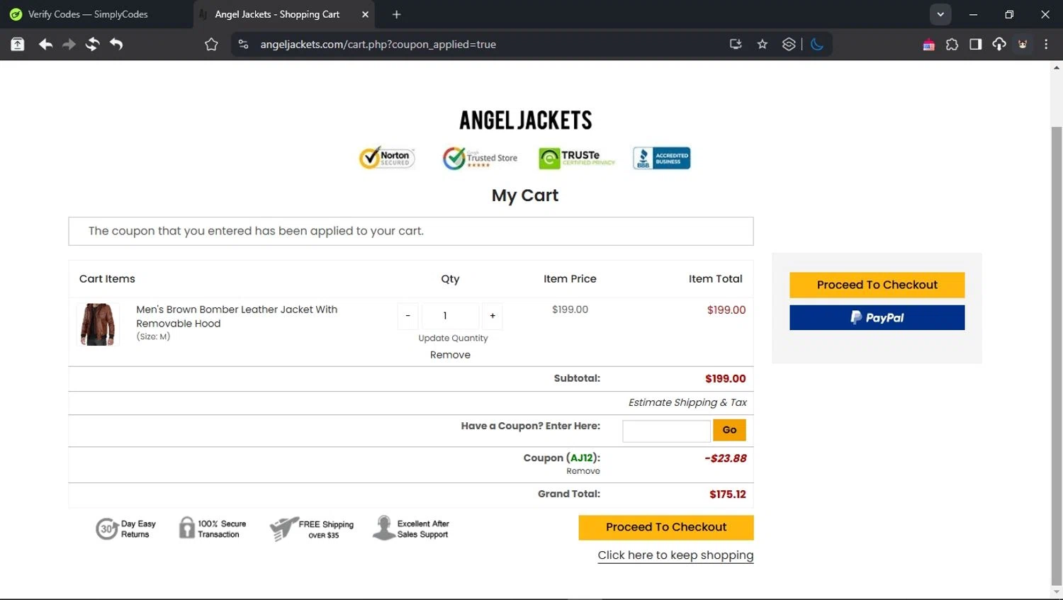 Angel Jackets coupon code screenshot showing code AJ12 applied at Angel Jackets checkout page. Uploaded by SimplyCodes community member BudgetCollector3125 on Apr 13, 2025